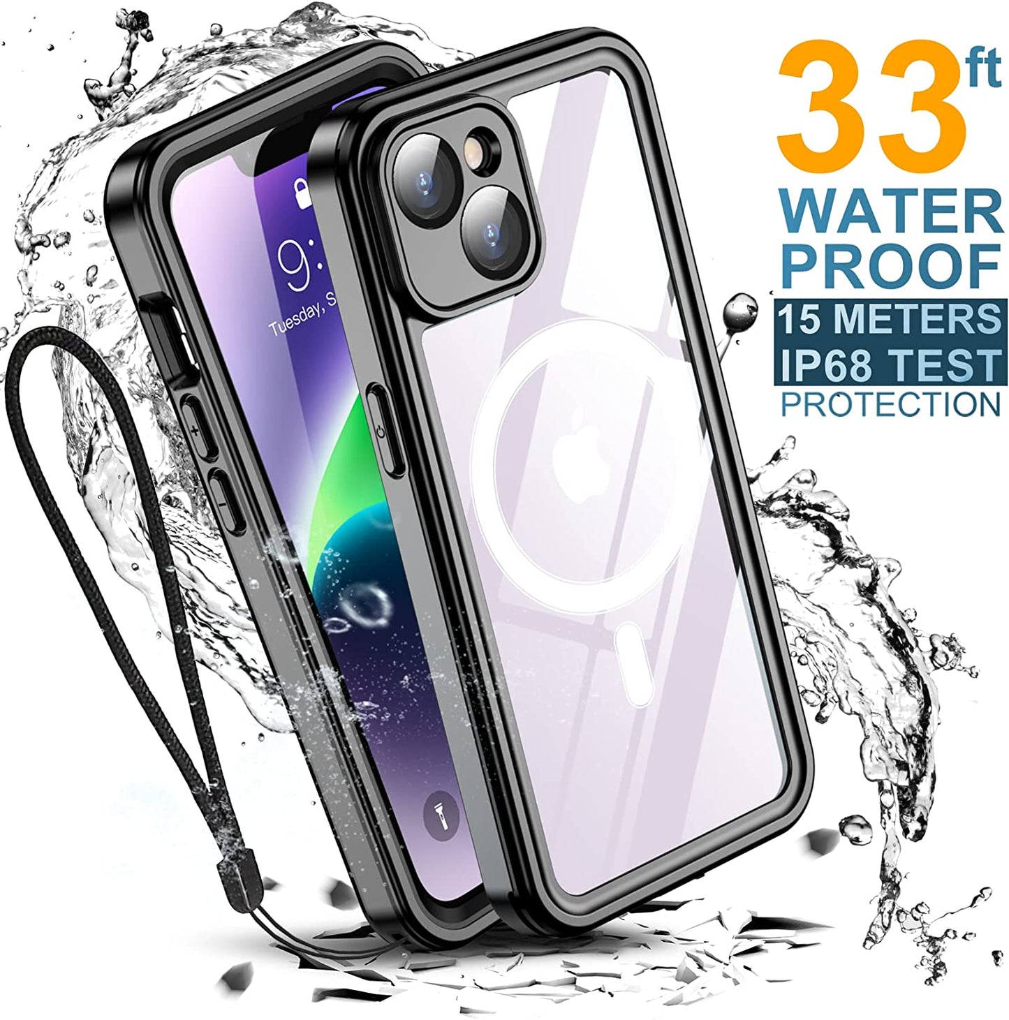 Temdan for Iphone 14 plus Case Waterproof,Built-In 9H Tempered Glass Screen Protector [Real 360][IP68 Underwater][14Ft Military Dropproof][Dustproof][Compatible with Magsafe] - Black/Clear  Temdan   