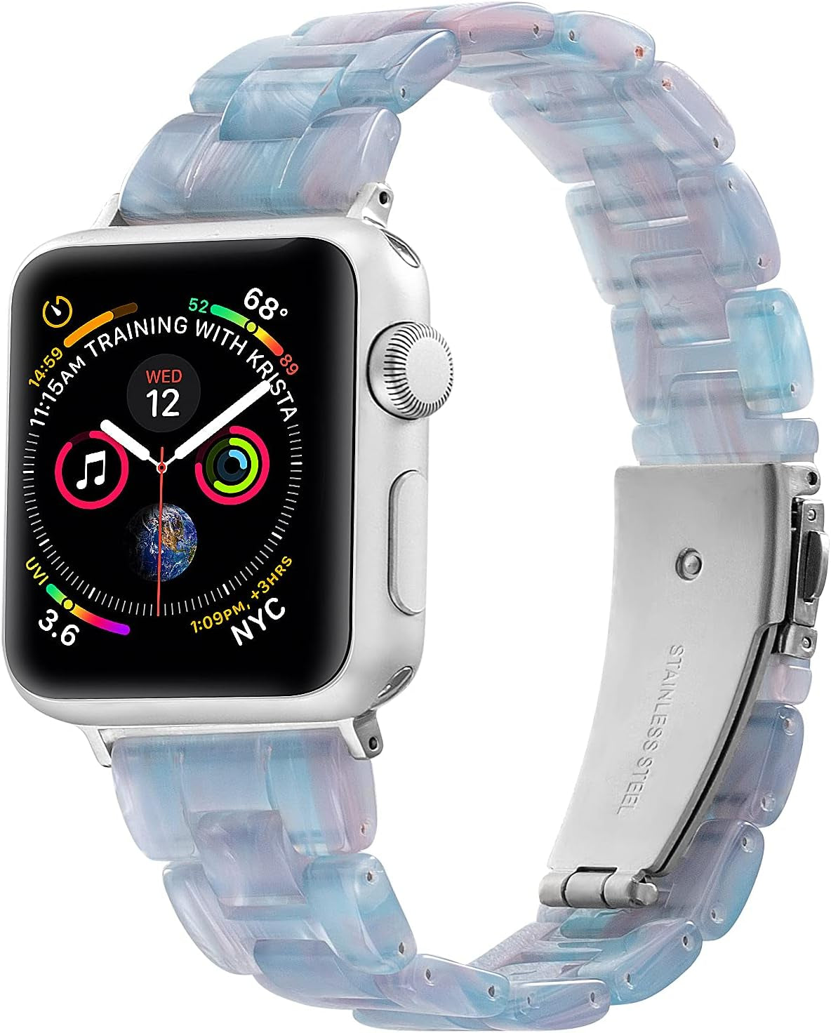 Sangaimei Light Fashion Resin Apple Watch Band with Stainless Steel Buckle Compatible Apple Watch Band 45Mm 44Mm 42Mm 41Mm 40Mm 38Mm Replacement Iwatch Series 8 7 6 5 4 3 2 1 SE for Women Starlight  SaNgaiMEi Clear Blue 38mm/40mm/41mm 