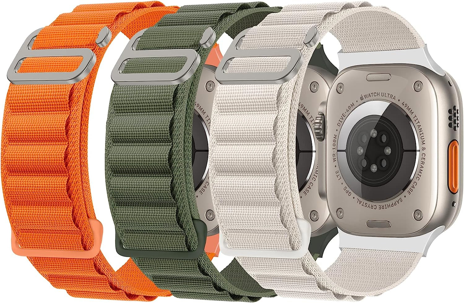 DYKEISS 3 Pack Alpine Loop Nylon Bands Compatible with Apple Watch Band 49Mm 45Mm 44Mm 42Mm 41Mm 40Mm 38Mm, Sport Titanium G-Hook Braided Strap for Iwatch Ultra Series 8/7/SE/6/5/4/3/2/1 Women Men  DYKEISS Orange/Green/Starlight 42mm/44mm/45mm/49mm 