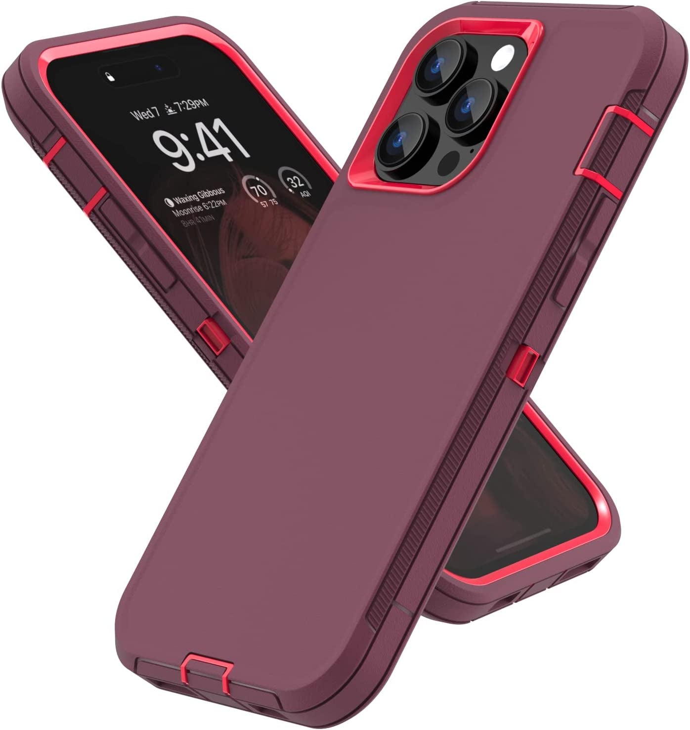 For Iphone 14 Pro Max Case with Full Body Protection, Heavy Duty Shockproof Military Grade 3 in 1 Silicone Rubber with Hard PC Rugged Durable Phone Cover for 14 Pro Max 6.7 Inch. (Teal Ltblue)  Sansunto Winefushcia  