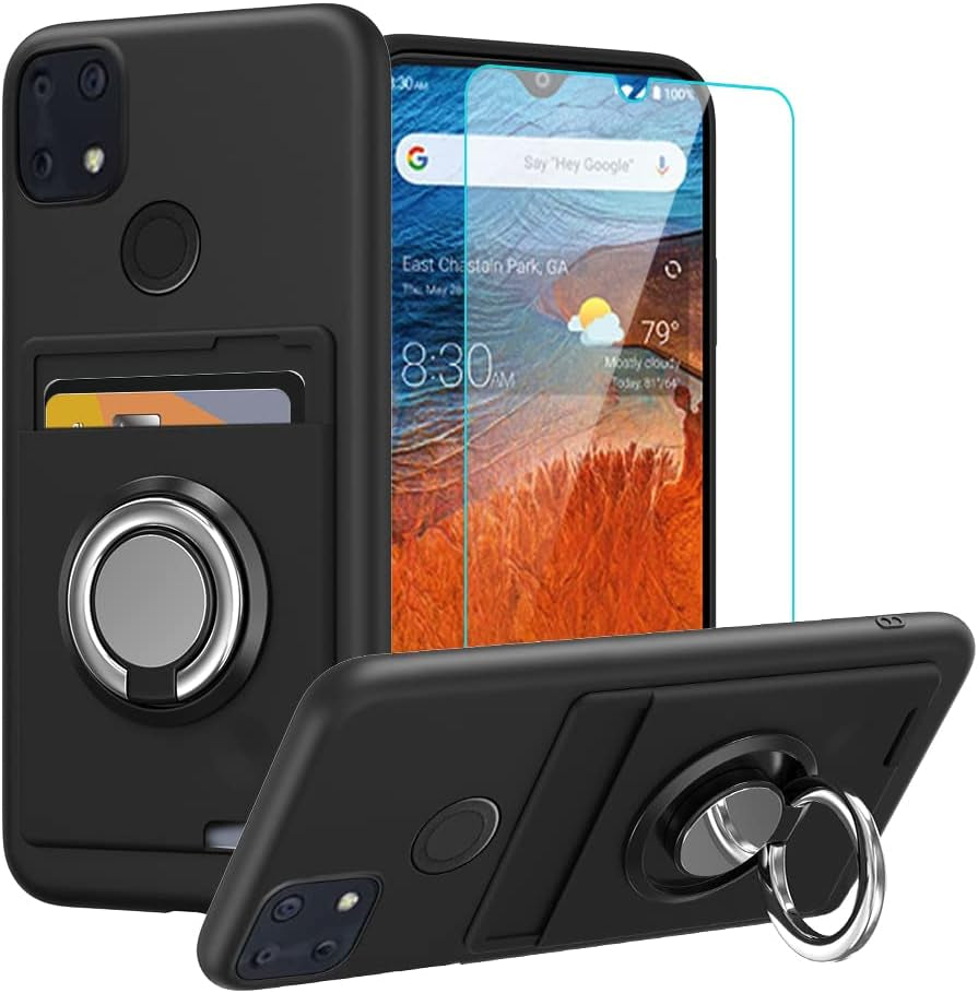 Anneey for Oneplus 11 5G Phone Case with Tempered Glass Screen Protector, Card Holder with Ring Stand Case for 1+ 11 5G Cover - Black  Anneey   