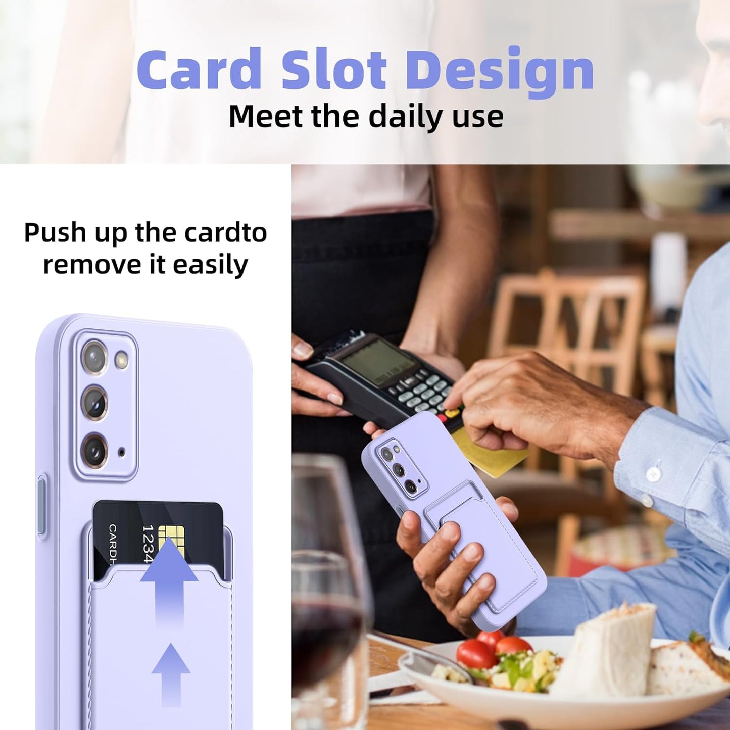 For Note 20 Case,Galaxy Note 20 Case with Minimalist Credit Card Holder Slot TPU Soft TPU Silicone Scratch-Resistant Slim Card Slot Wallet Case Protective Cover for Samsung Galaxy Note 20-Purple  TSAYGFK   