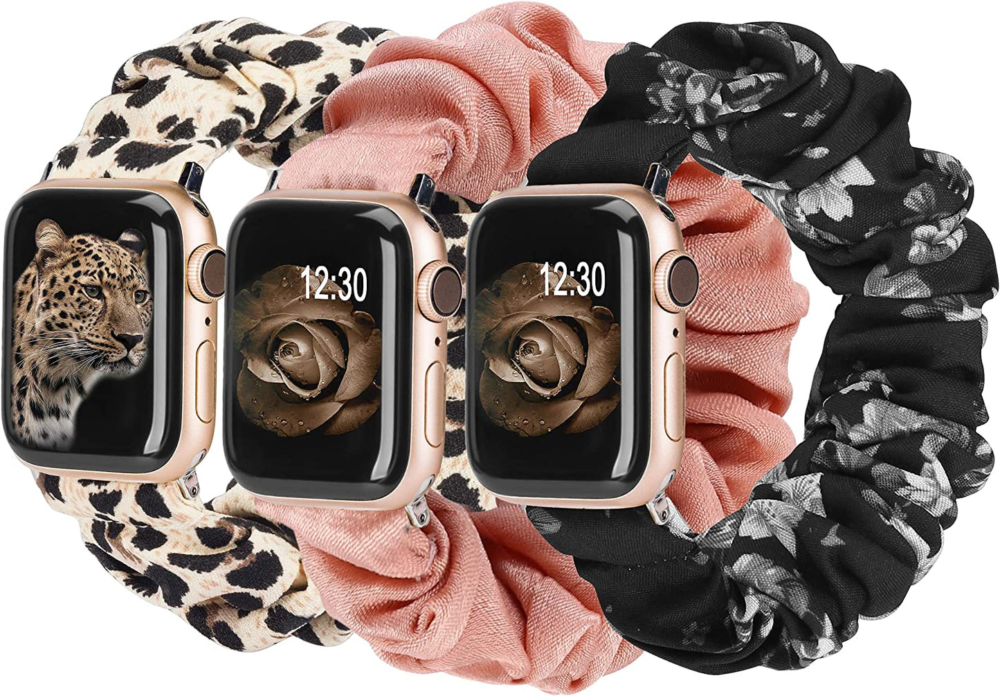 TOYOUTHS 3 Packs Compatible with Apple Watch Band Scrunchies 49Mm(Ultra)/45Mm/44Mm/42Mm Cloth Soft Pattern Printed Fabric Bracelet Women Iwatch Elastic Scrunchy Band Series SE 8 7 6 5 4 3 2 1 S/M  TOYOUTHS Leopard/Pink/Black Grey 41/40/38mm M/L(6.0" - 6.9" Wrist) 