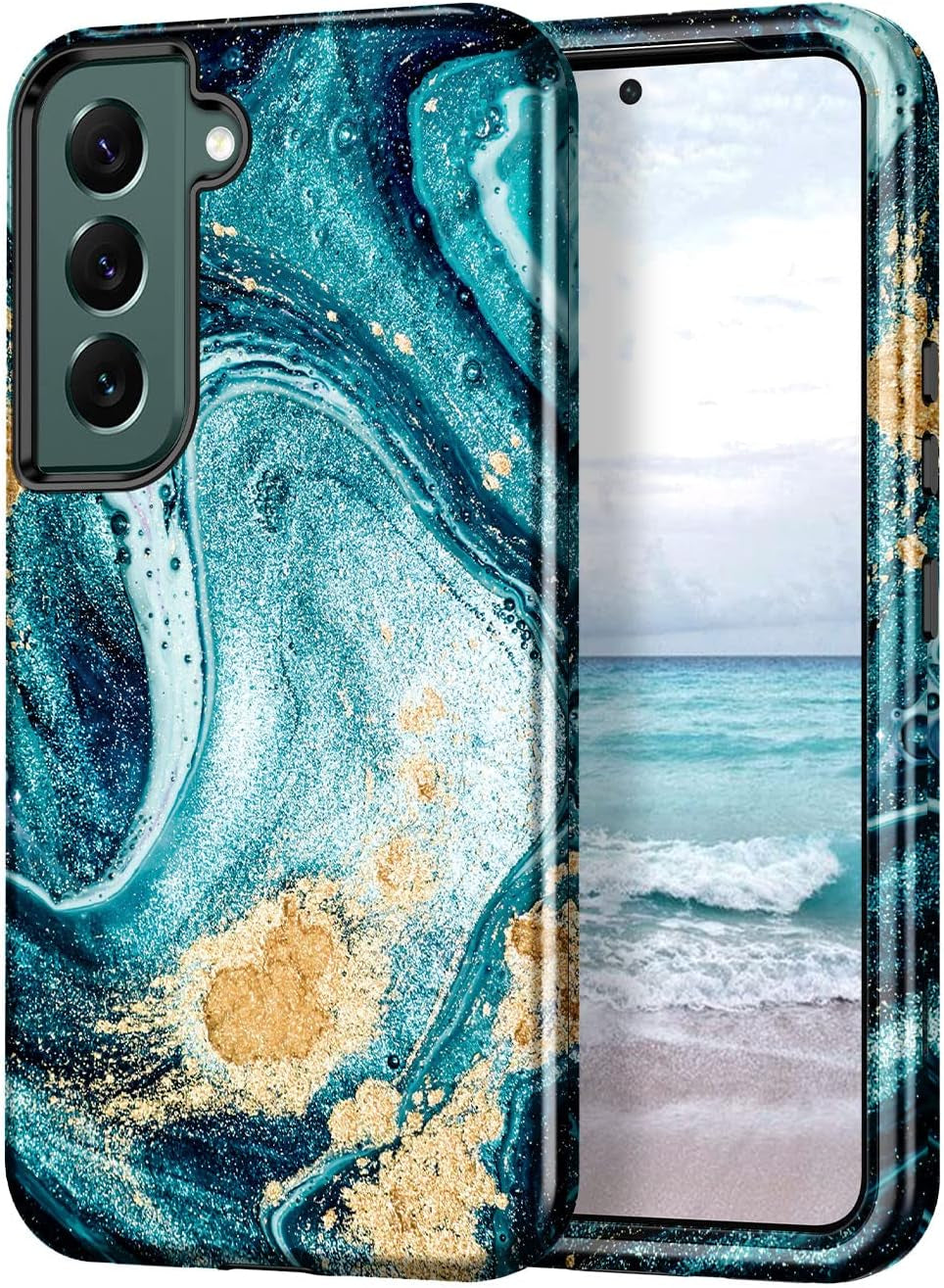 Btscase for Samsung Galaxy S22+/S22 plus 5G Case, Marble Pattern 3 in 1 Heavy Duty Shockproof Full Body Rugged Hard Pc+Soft Silicone Drop Protective Women Girl Covers for S22+/S22 Plus, Blue Gray  Btscase Ocean  