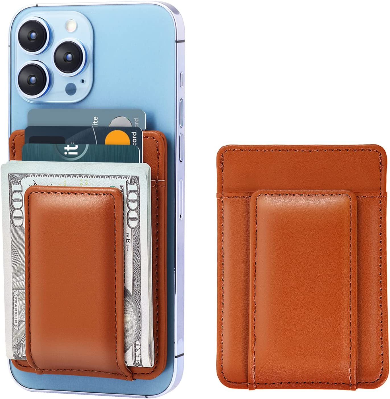 Morojular Leather Wallet for Apple Magsafe, Magsafe Wallet and Magnetic Card Holder, Compatible with Iphone 14/13/12 Series, Max 5 Cards, Money Clip, Not Compatible with Iphone Mini Black  Morojular Brown  