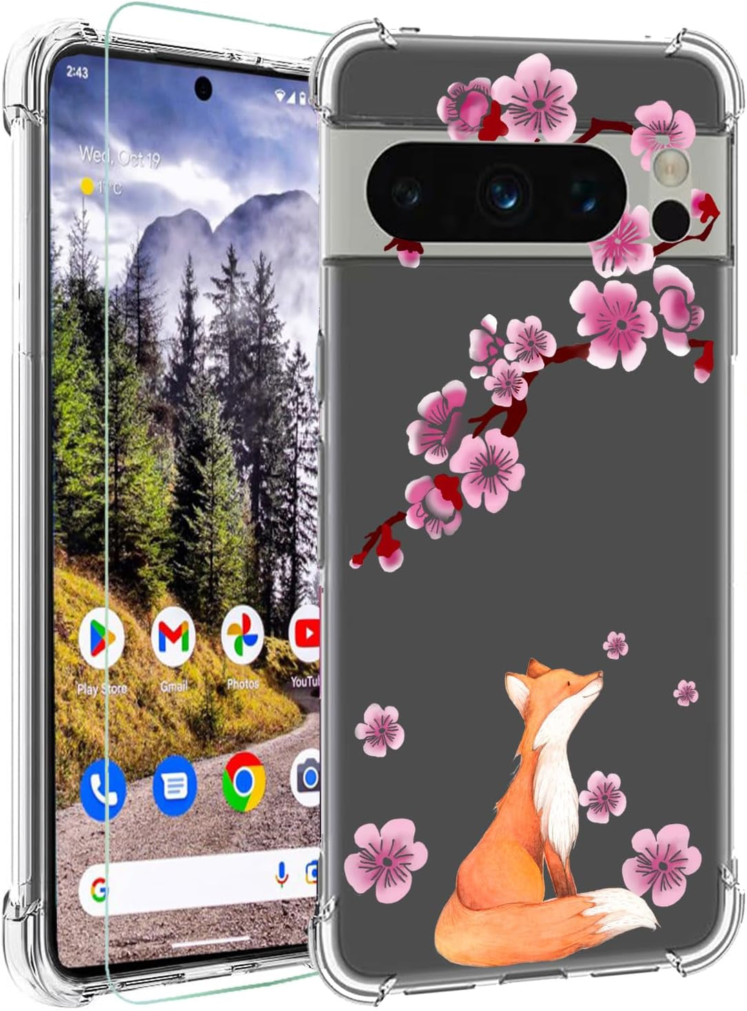Ftonglogy for Google Pixel 8 Pro 5G Case with Screen Protector: Clear Cute Flower Floral Design for Girls Women Slim Soft TPU Bumper Shockproof Silicone Cell Phone Cover (Funny Cat)  Ftonglogy Lucky Fox  