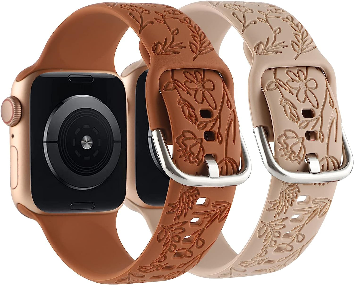 2 Pack Flower Engraved Sport Strap Compatible with Apple Watch Bands 38Mm 40Mm 41Mm, Women Floral Laser Soft Silicone Wristband Replacement Iwatch Series 8 7 6 5 4 3 2 1 SE  TERKOWQI   