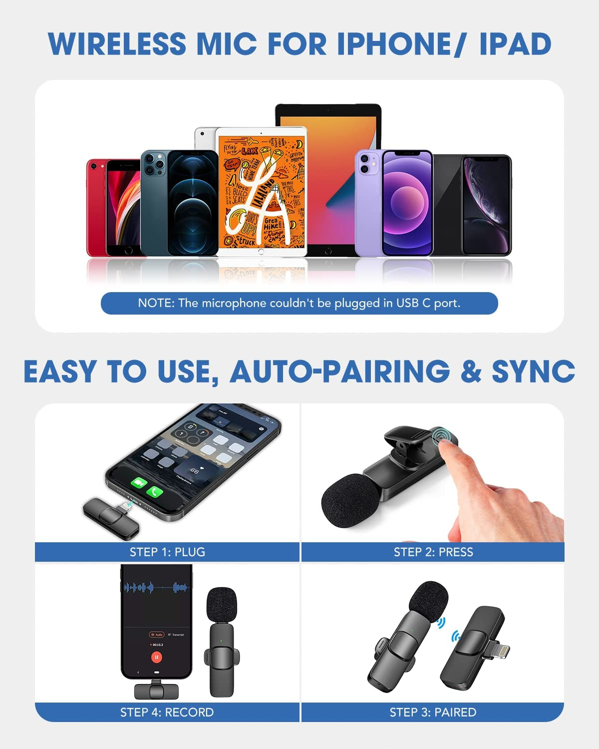 Wireless Lavalier Microphone for Ipad Mini Clip-On Microphone for Iphone Video Recording Denoise Omni Lav Lapel Mic for Interview/Youtube/Vlog/Live Streaming/Tiktok/Content Creator  NICHOM   