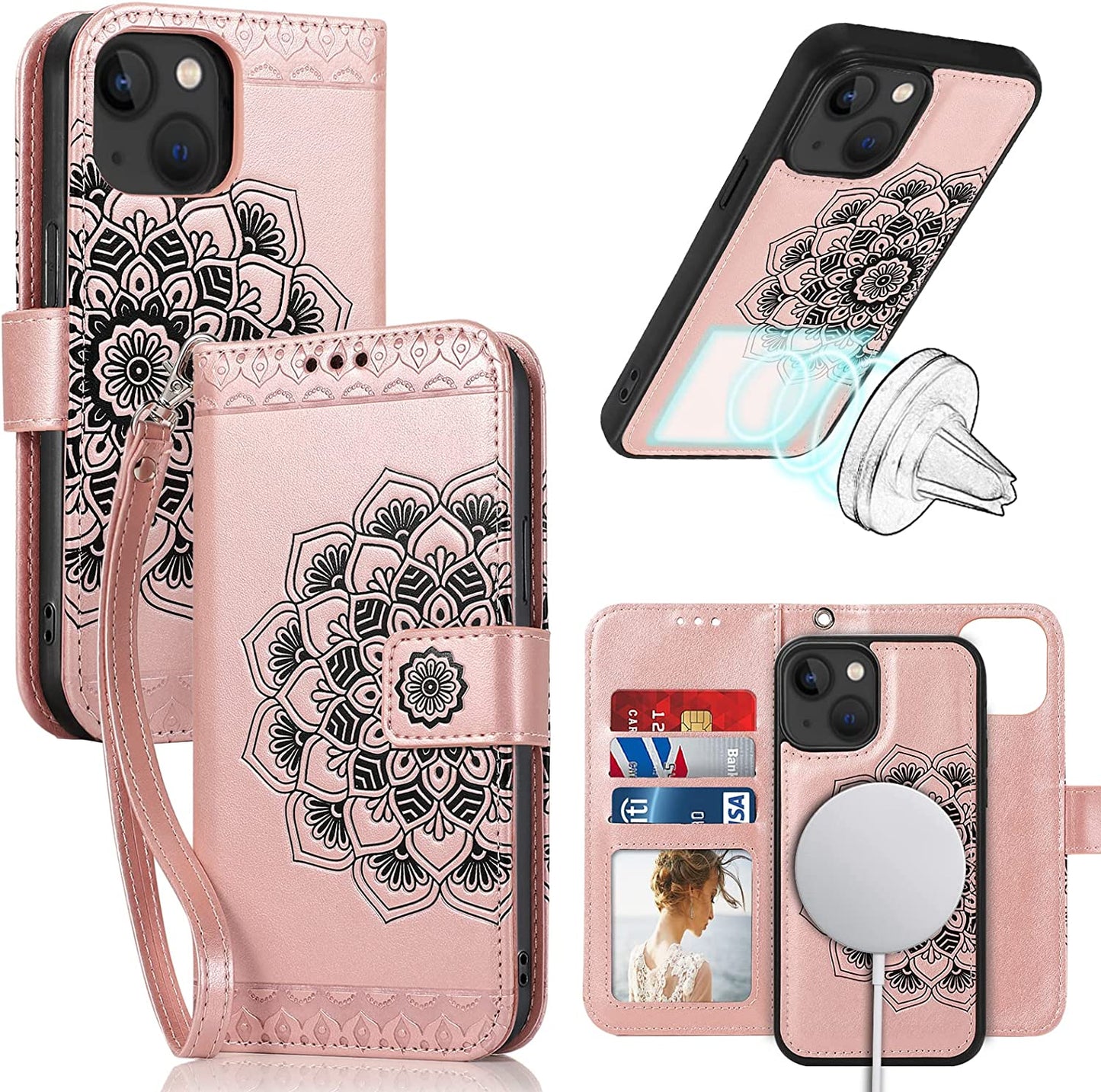 CASEOWL Compatible for Iphone 14 plus Wallet Case [Support Magsafe Charger] 2 in 1 Magnetic Detachable [RFID Blocking] Mandala Embossed Flip Leather Wallet Case with Card Holder,Strap for Women-Gray  CASEOWL Mandala # Rose Gold [for iPhone 14 Plus]  