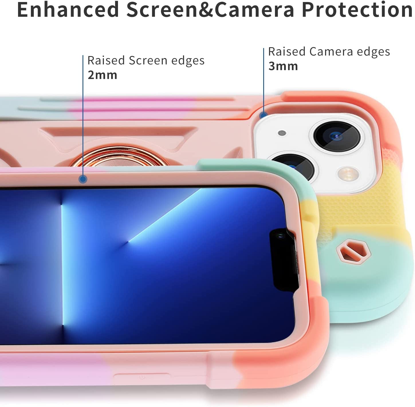 Cookiver for Iphone 14 Case/Iphone 13 Case 6.1 Inch with Ring Stand, with 2 Pack Glass Screen Protector + 1 Pack Camera Lens Protector,Heavy-Duty Shockproof Military Grade Rugged Cover (Rainbow Pink)  Cookiver   