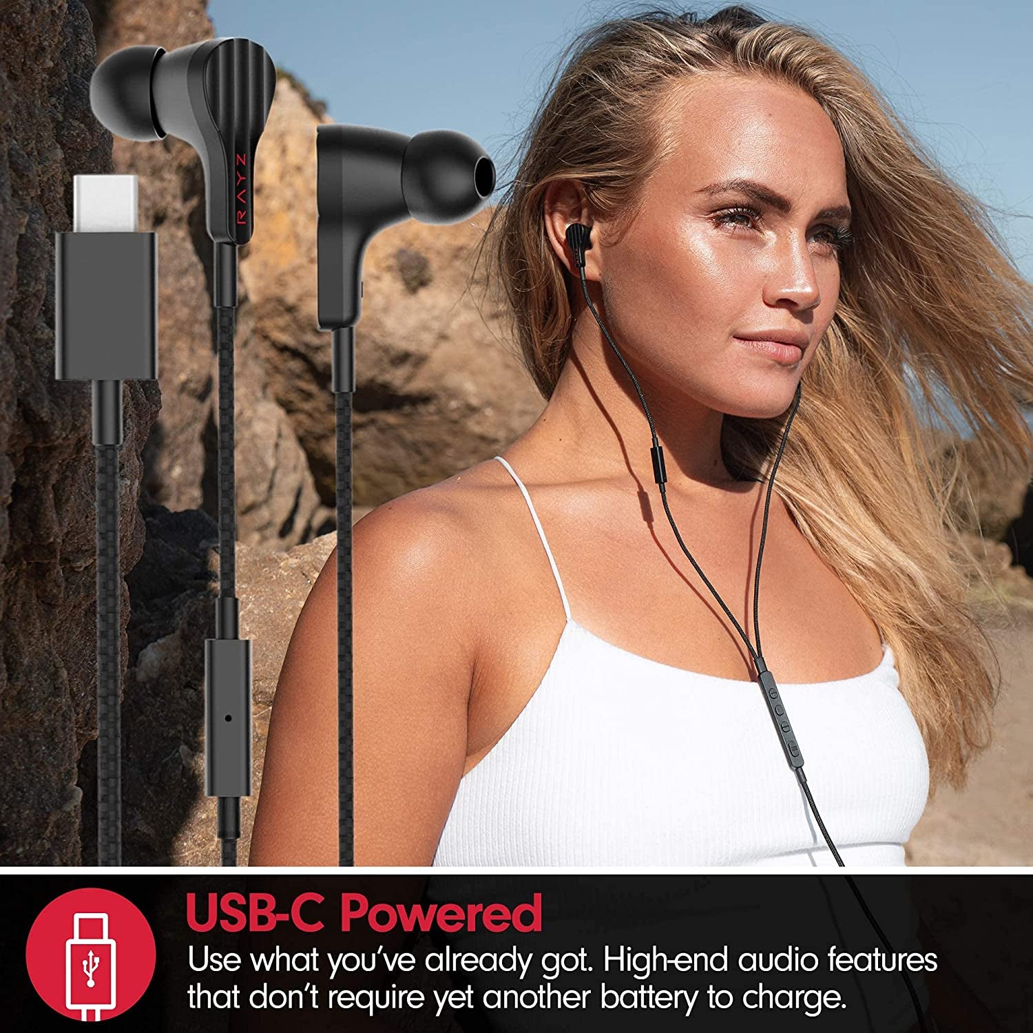 RAYZ Smart USB-C Headphones Earphones – Magnetic Braided Cable Earbuds W/Microphone & Volume Control Compatible with Nintendo Switch, Android, Google Pixel 4/3/2/XL, Macbook, Ipad Pro (Black)  RAYZ   