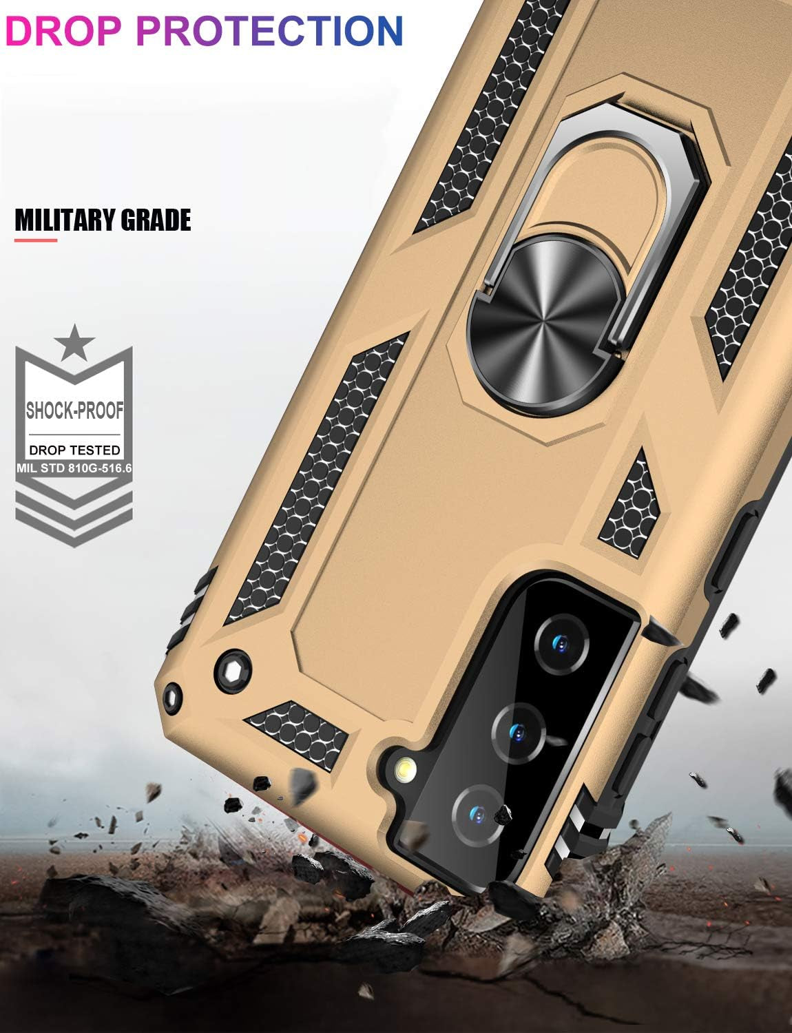 IKAZZ Galaxy S21 plus Case,Samsung S21 plus Cover Military Grade Shockproof Heavy Duty Protective Phone Case Pass 16Ft Drop Test with Magnetic Kickstand for Samsung Galaxy S21 plus Gold  IKAZZ   