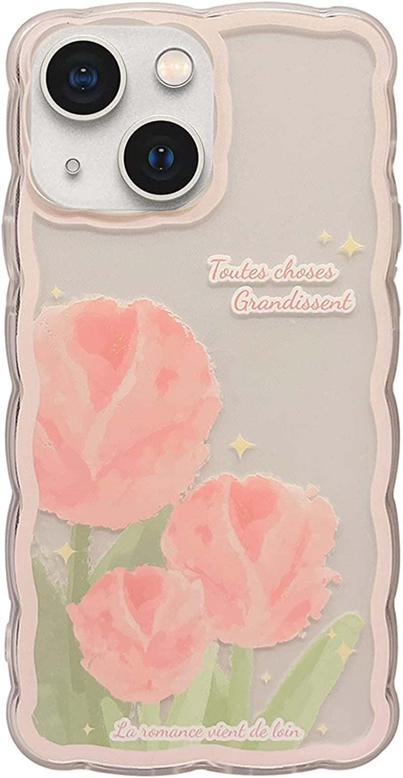 GUSDBSW Cute Iphone 14 plus Case for Women Girls, Lovely Floral Strawberry Pattern Wave Comfortable Grip Design for Girly, Slim Thin Soft Flexible TPU Clear Protective Phone Case - Blueberry Flower  GUSDBSW Pink Tulip Iphone 14 
