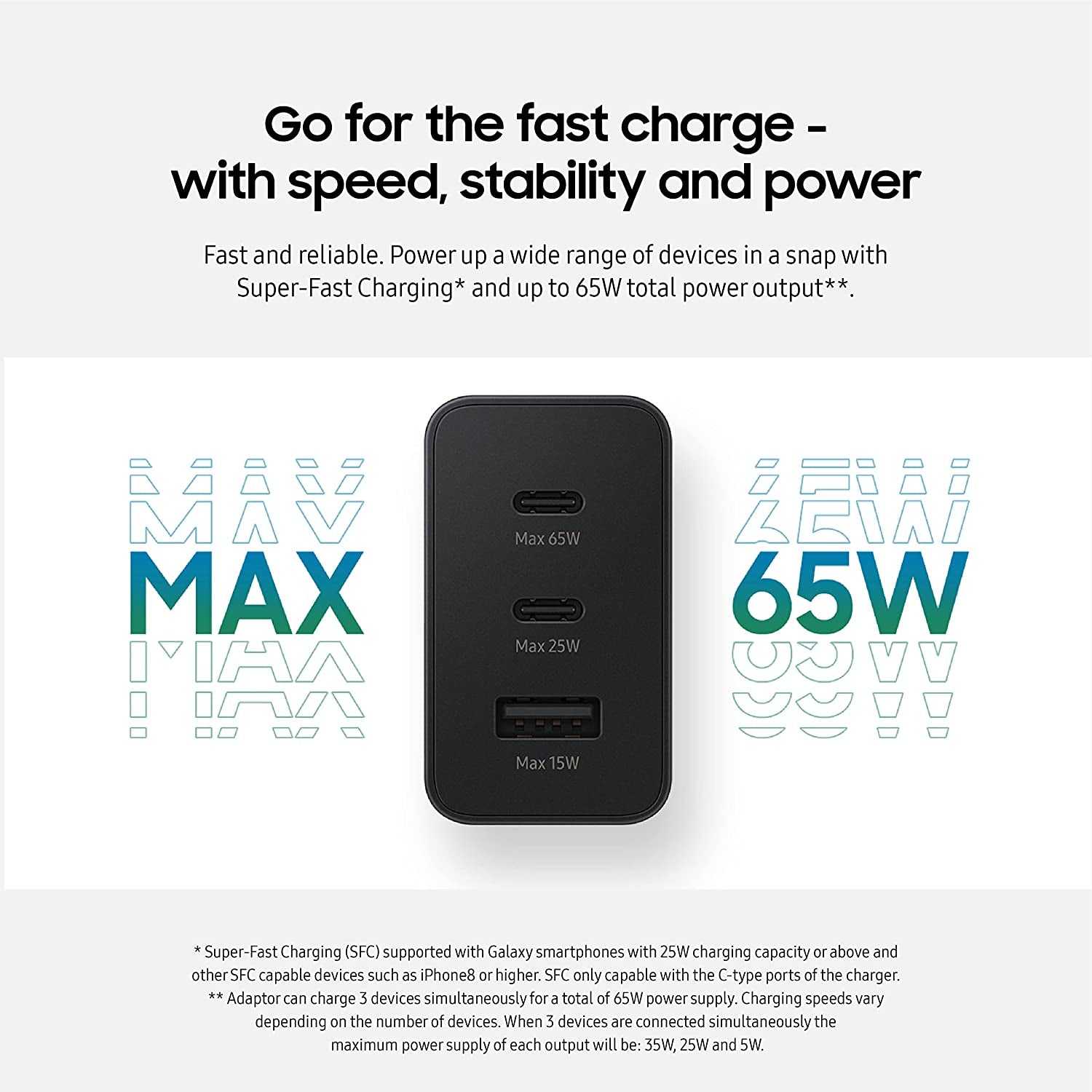 Samsung 65W 3-Port Super Fast Charging Wall Charger, 1X USB-C 65W, 1X USB-C 25W, 1X USB-A 25W, Max Capacity 65W (Cable Not Included), Black, US Version  Samsung   