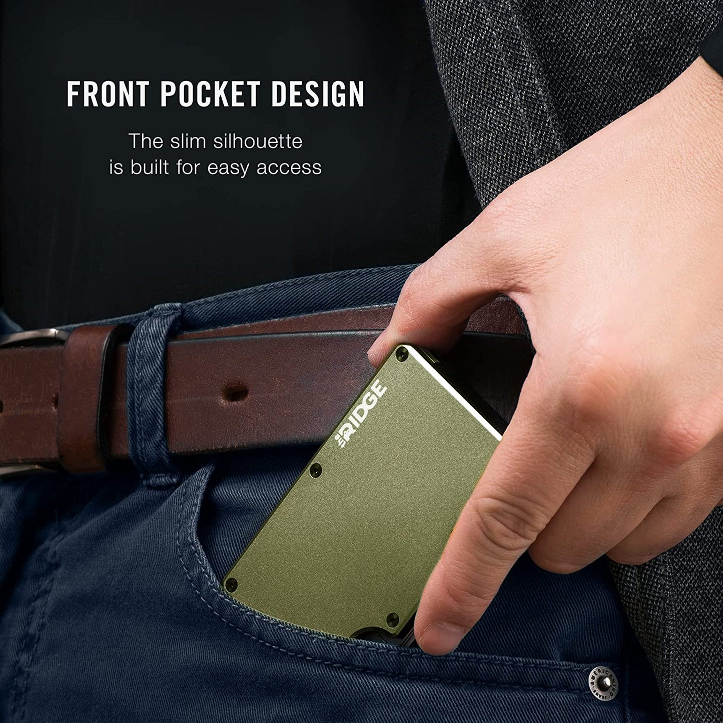 The Ridge Minimalist Slim Wallet for Men - RFID Blocking Front Pocket Credit Card Holder - Aluminum Metal Small Mens Wallets with Cash Strap (Matte Olive)  The Ridge   