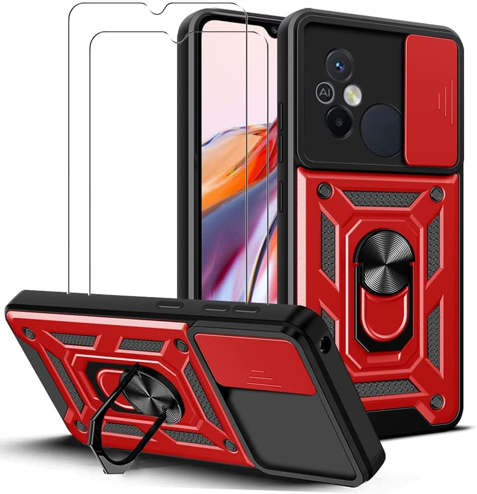 ZMONE Phone Case for Xiaomi Redmi 12C Case with Glass Screen Protector, [2 Pack] Built Slide Camera Protection Cover,Military Heavy Duty Full Body Protective Phone Case - Red  Chengmi   