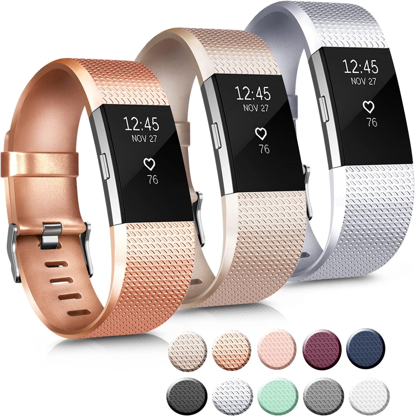 3 Pack Sport Bands Compatible with Fitbit Charge 2 Bands Women Men, Adjustable Replacement Strap Wristbands for Fitbit Charge 2 HR Small Large (Small, Black/Purple/Navy Blue)  Mugust Silver/Champagne Gold/Rose Gold Small 