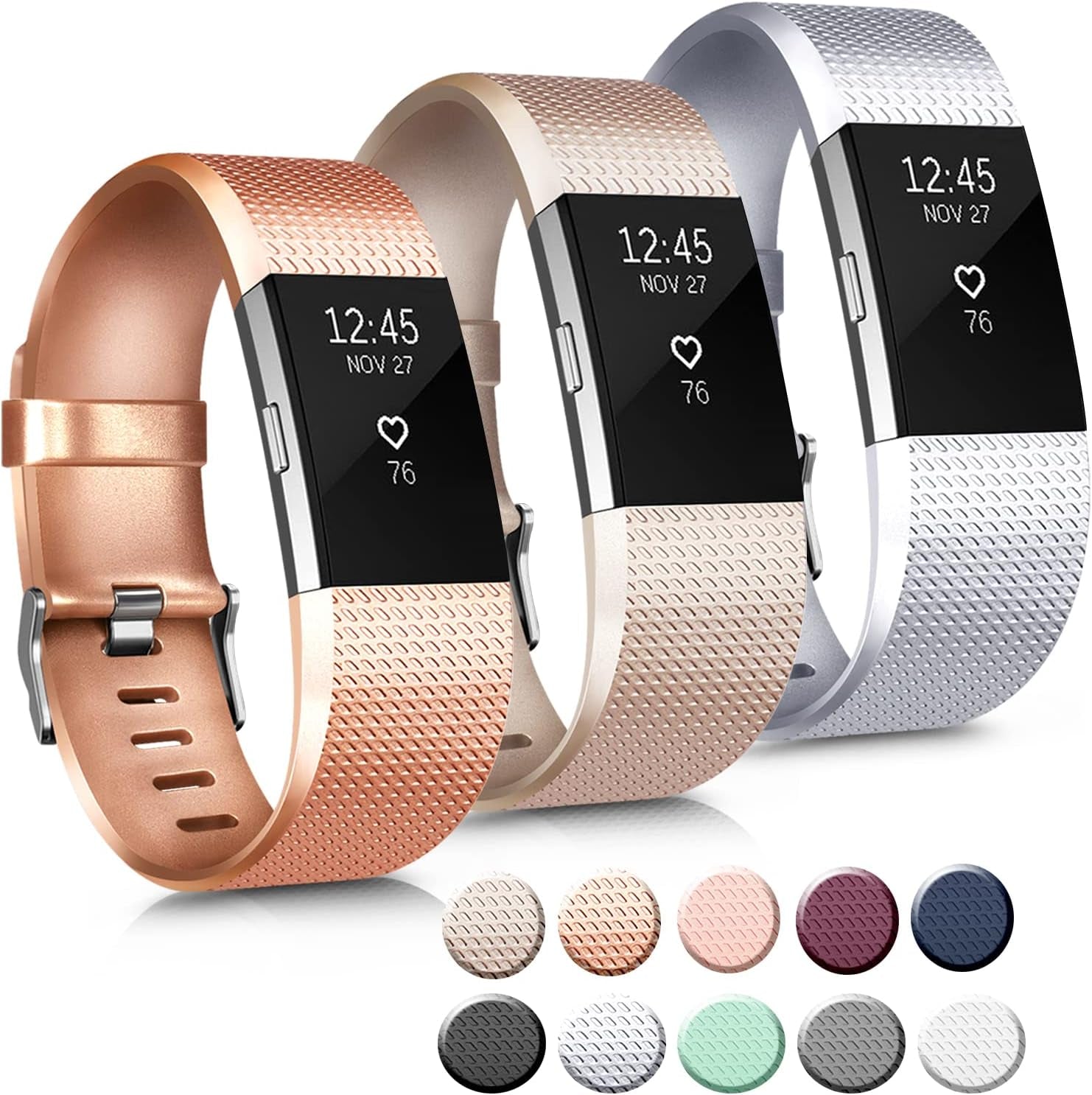 3 Pack Sport Bands Compatible with Fitbit Charge 2 Bands Women Men, Adjustable Replacement Strap Wristbands for Fitbit Charge 2 HR Small Large (Small, Black/Purple/Navy Blue)  Mugust Silver/Champagne Gold/Rose Gold Small 