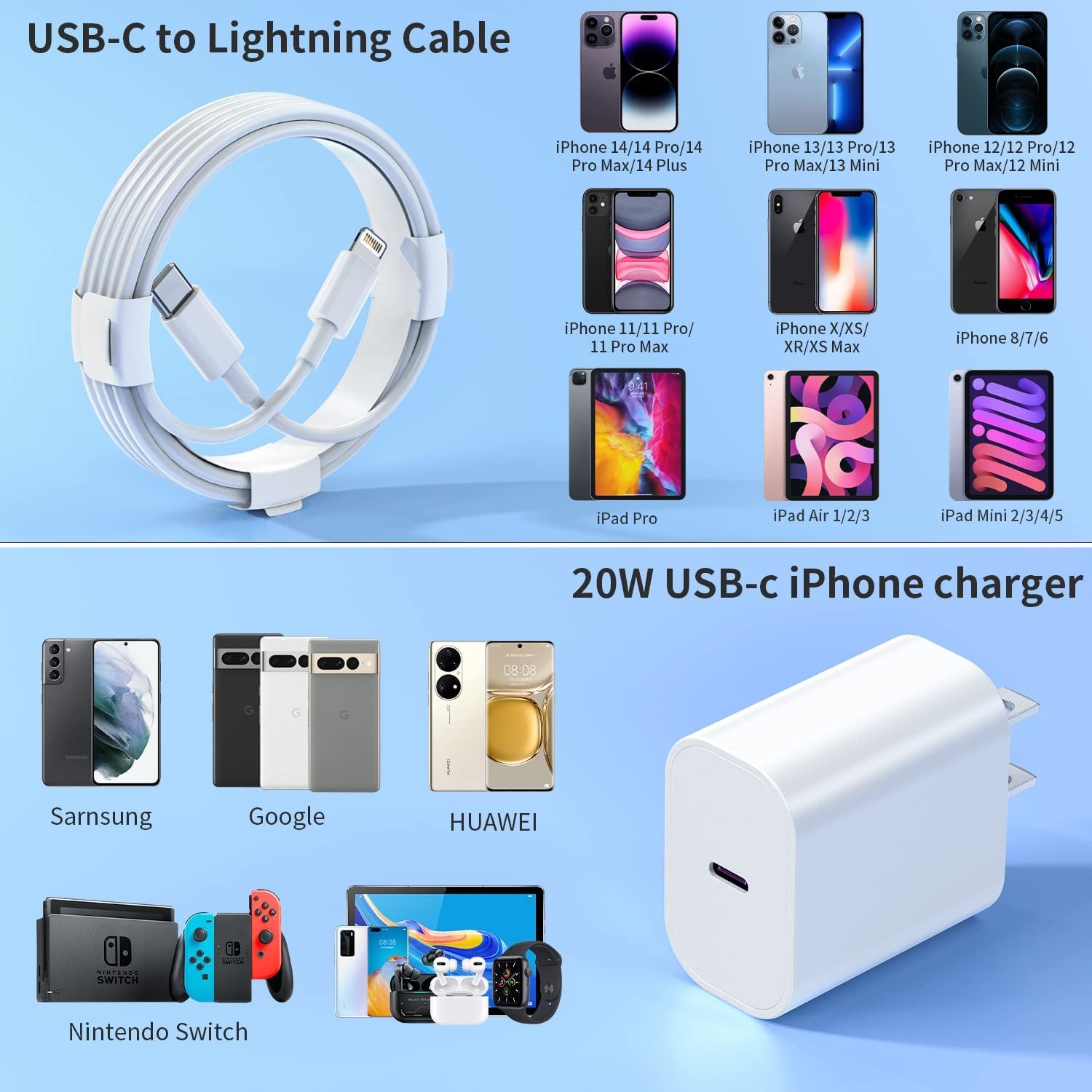 3-Pack Iphone 14 13 12 11 Fast Charger,【Apple Mfi Certified】 20W PD USB C Wall Charger 6FT Cable Fasting Charging Adapter Compatible with Iphone 14Pro/13 Pro/12/12 Pro Max/11 Pro Max/Xs Max/Xs/Xr/X/8  CQDKWG   