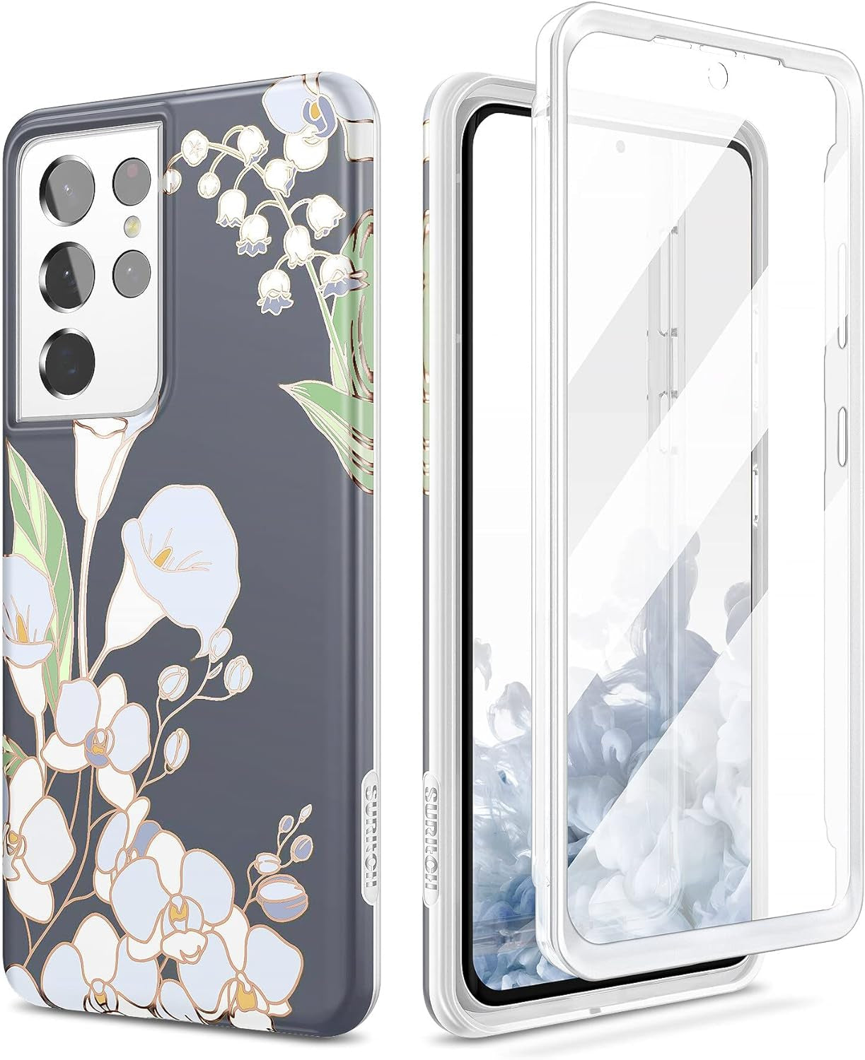 SURITCH Phone Case for Samsung Galaxy S21 Ultra 6.8 Inches Slim Fit, Front Cover with Built-In Screen Protector Smooth Back Cover Full Body Protection Shockproof Bumper, Grey Calla  SURITCH   