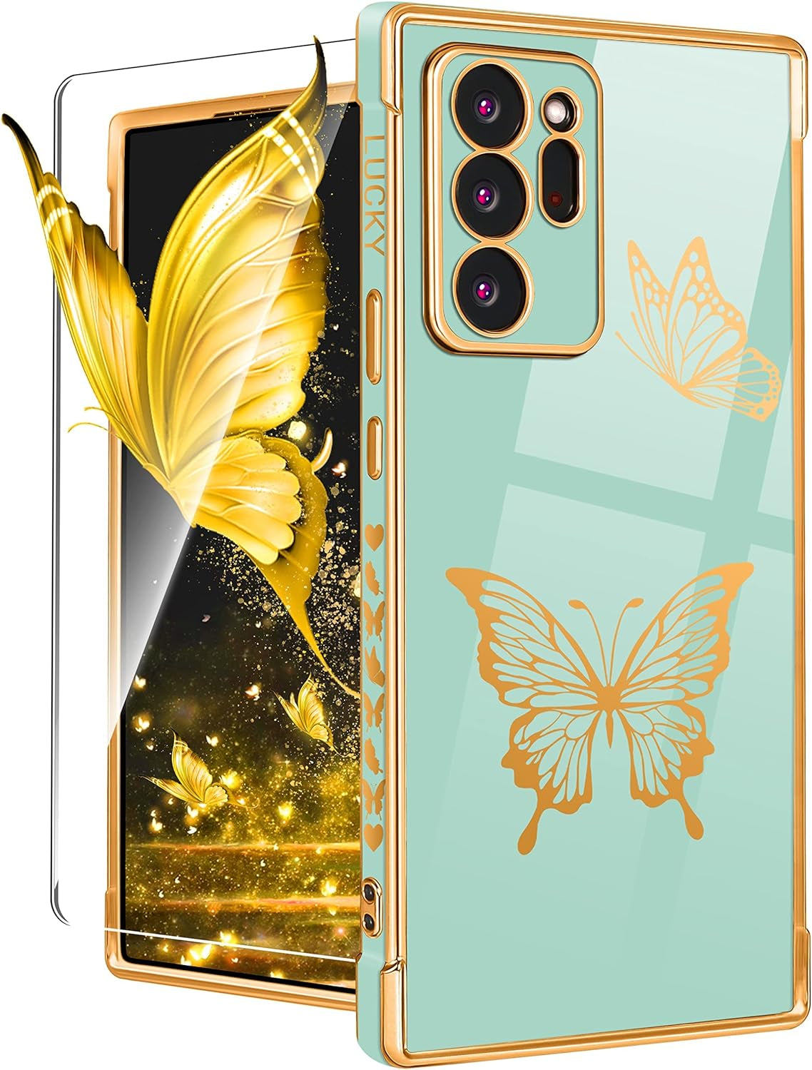 Coralogo for Samsung Galaxy Note 20 Ultra Case Butterfly for Women Girls Girly Pretty Phone Cases Cute Blue Gold Plating Butterflies Design with Screen Aesthetic Cover for Galaxy Note 20 Ultra 5G 6.9"  Coralogo 1-Mint Green  