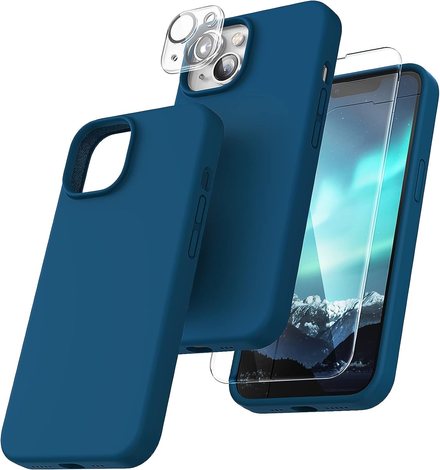 TOCOL 5 in 1 for Iphone 14 plus Case, 2X Screen Protector + 2X Camera Lens Protector, Slim Liquid Silicone Phone Case for Iphone 14 plus 6.7 Inch, [Anti-Scratch] [Drop Protection], Canary Yellow  TOCOL Midnight Blue  