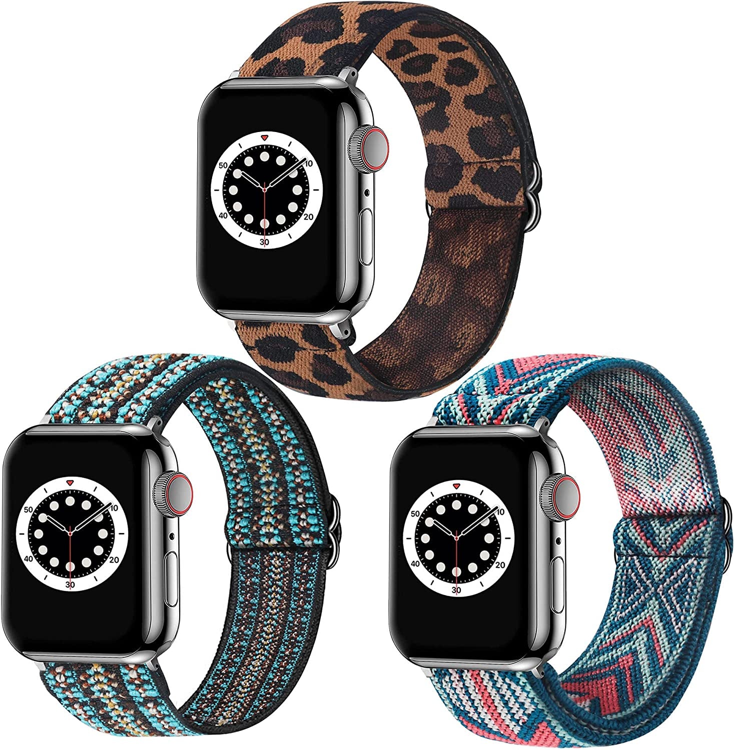 Dsytom 3 Pack Elastic Band Compatible with Apple Watch Bands 38Mm 41Mm 40Mm 42Mm 44Mm 45Mm, Adjustable Stretchy Nylon Bands for Iwatch Series Ultra 8/7/6/5/4/3/2/1 SE Strap for Women  Dsytom Boho Flower+Green Arrow+Yellow leopard 42mm/44mm/45mm/49mm 