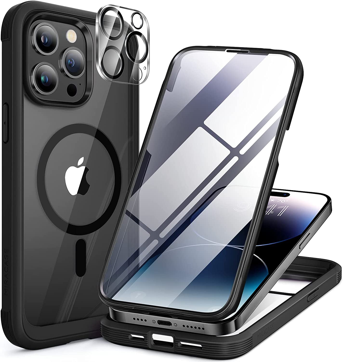 Miracase Glass Series Compatible with Iphone 14 Pro Case 6.1 Inch, 2023 Full-Body Clear Bumper Case with Built-In 9H Tempered Glass Screen Protector, with Camera Lens Protector, Black  Miracase Magnetic Black  