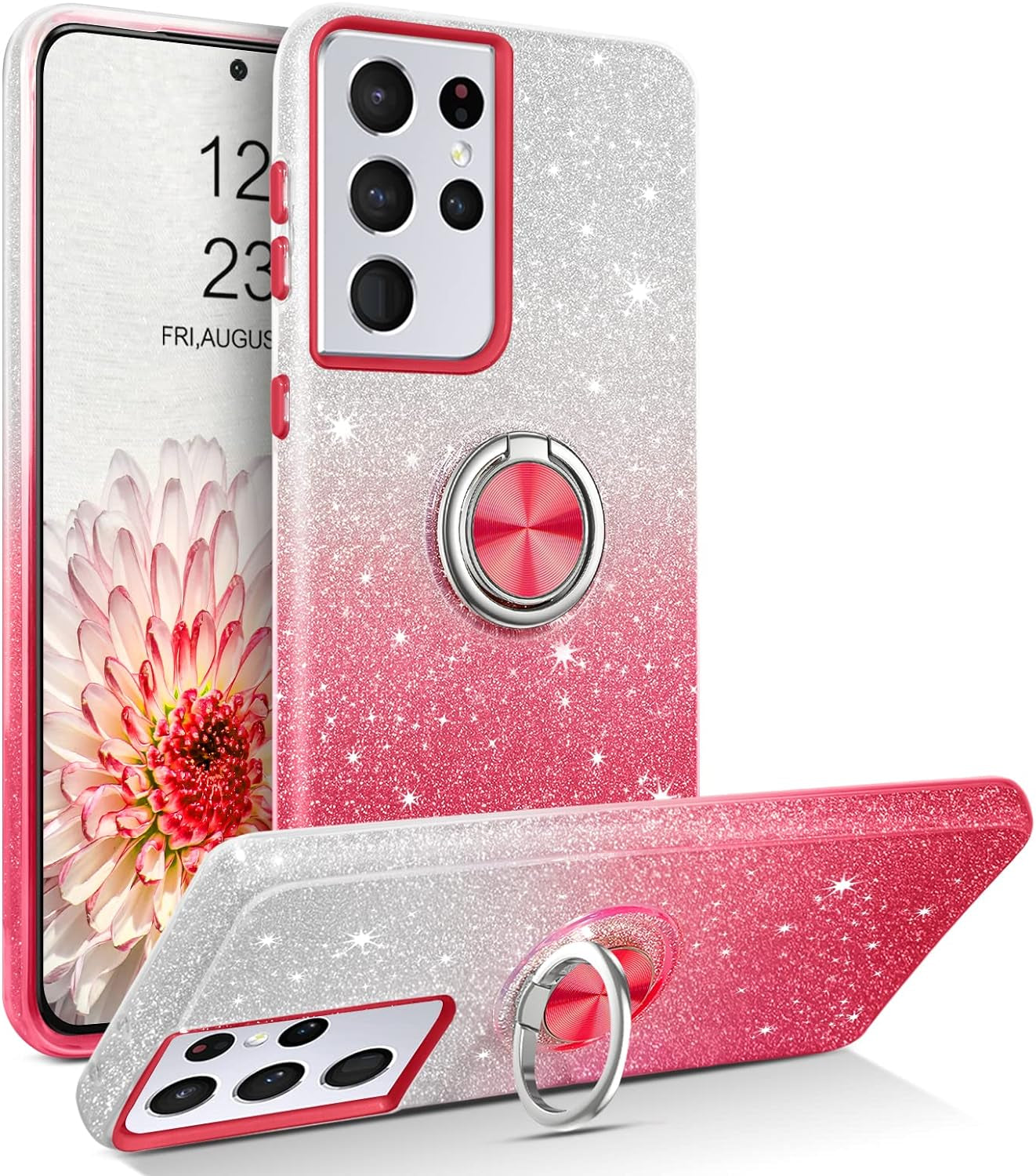 BENTOBEN Compatible with Samsung Galaxy S21 Ultra Case, Slim Fit Glitter Sparkly 360° Ring Holder Kickstand Magnetic Protective Girls Women Cover for Samsung Galaxy S21 Ultra 6.8“, Black  BENTOBEN C123-Red  