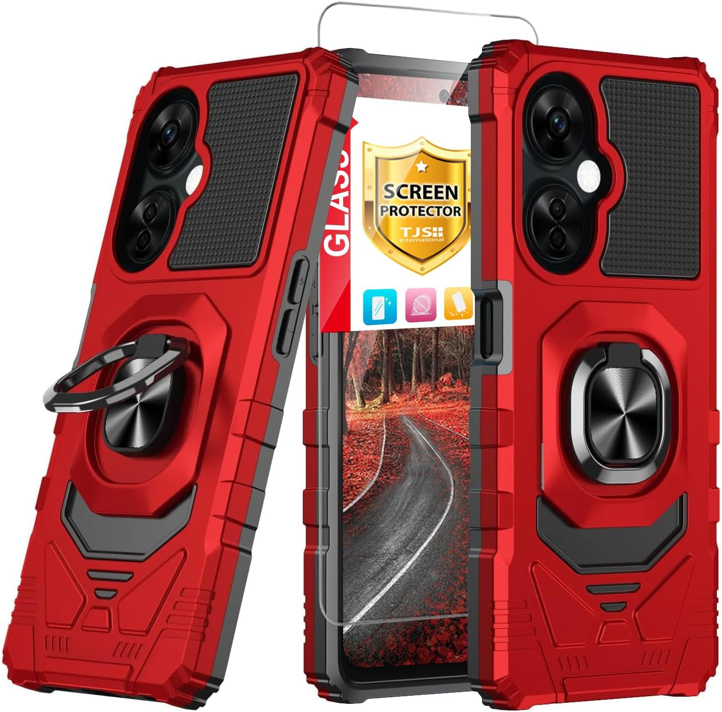 TJS Compatible for Oneplus Nord N30 5G Case, with Tempered Glass Screen Protector, Metal Ring Magnetic Support Kickstand Heavy Duty Drop Protection Cover Phone Case (Green)  TJS Red  