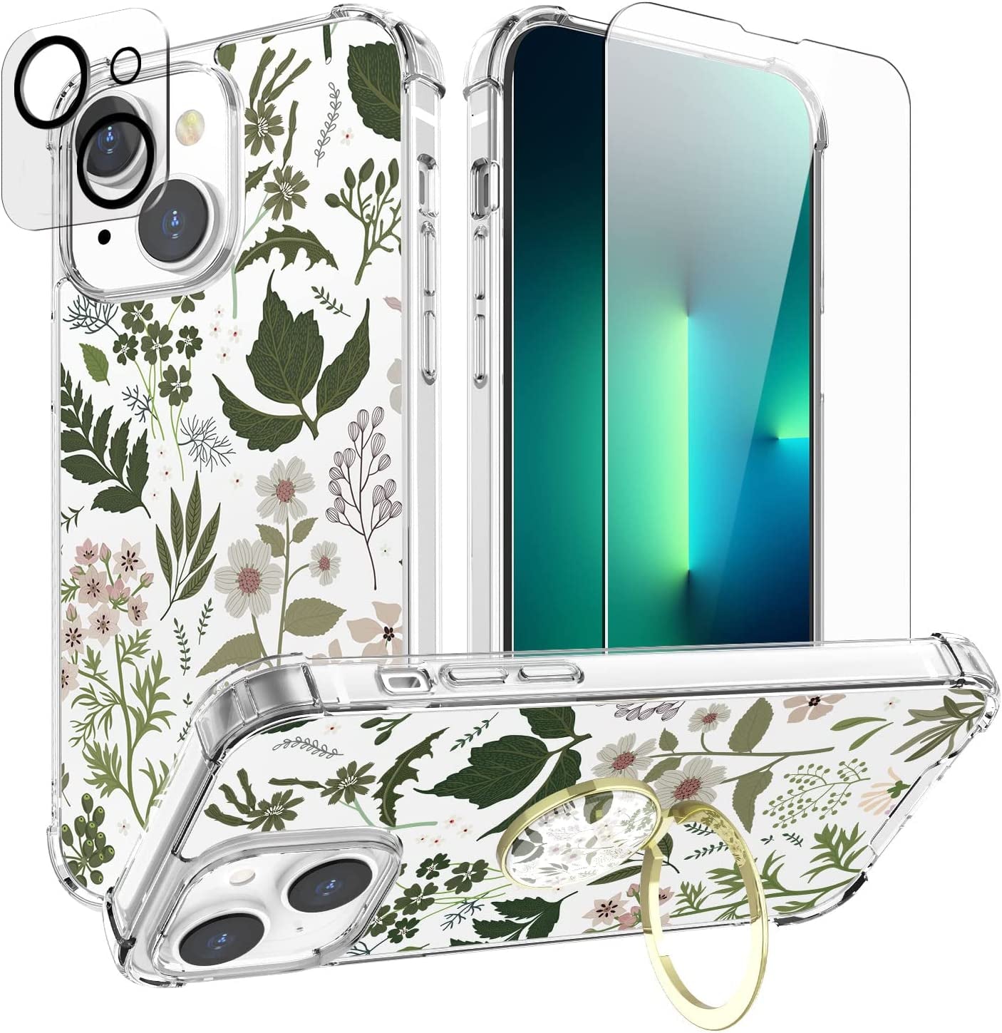 Cutebe [3 in 1 Crystal Phone Case for Iphone 13(2021)/Iphone 14(2022) 6.1", Cute Protective Cover with 9H Temper Glass Screen Protector + HD Temper Camera Lens Protector for Women, Girls  Cutebe iP14-Green Plants iPhone 13/14 Case 6.1 Inch 