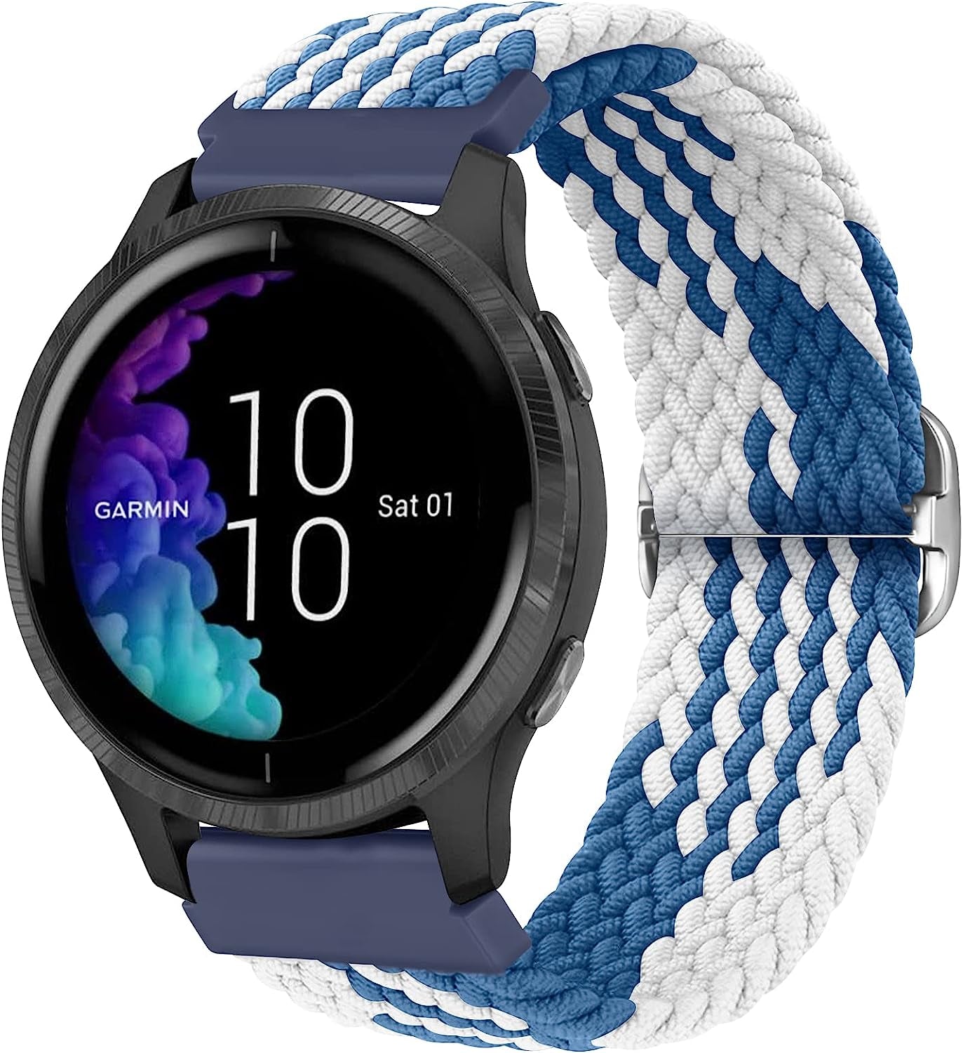 Wanme Bands for Garmin Venu / Vivoactive 3 Watch Band, 20Mm Adjustable Braided Elastic Replacement Wristband Strap for Garmin Venu Sq, Vivoactive 3 Music, Forerunner 645 / 245 Music, Samsung Galaxy Watch 4  Wanme Blue White  