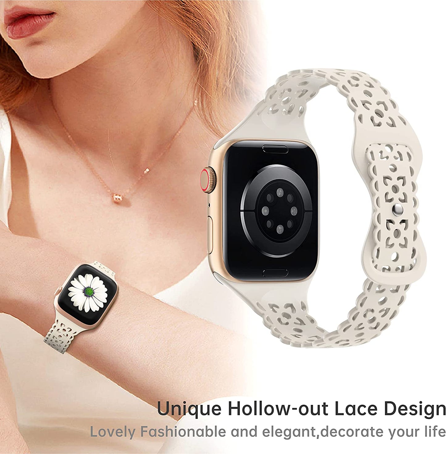 4 Pack Lace Silicone Band Compatible with Apple Watch Bands 40Mm 44Mm 41Mm 45Mm 38Mm 42Mm Women,Thin Slim Hollow-Out Sport Strap Replacement Wristbands for Iwatch Series Ultra 8 7 6 5 4 3 2 1 SE  HEARTBOOM   