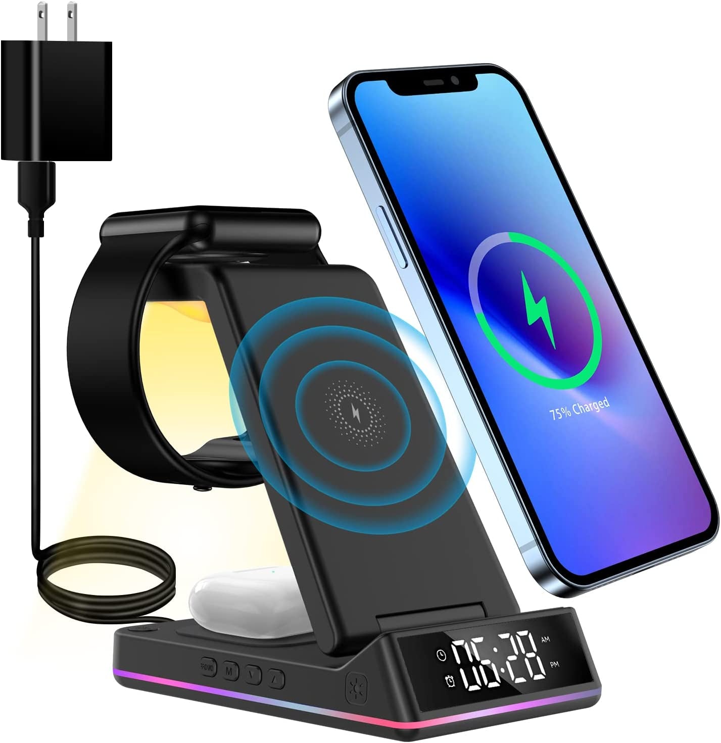 3 in 1 Wireless Charger Station Qi Fast Wireless Charging Dock with Clock and Night Light,Compatible with Apple Watch 7/6/5/4/3/2/SE & Airpods 3/2/Pro & Iphone 13/12/11/Samsung/More Qi Enabled Phones  Auzev   