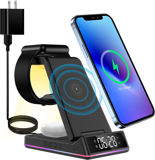 3 in 1 Wireless Charger Station Qi Fast Wireless Charging Dock with Clock and Night Light,Compatible with Apple Watch 7/6/5/4/3/2/SE & Airpods 3/2/Pro & Iphone 13/12/11/Samsung/More Qi Enabled Phones  Auzev   