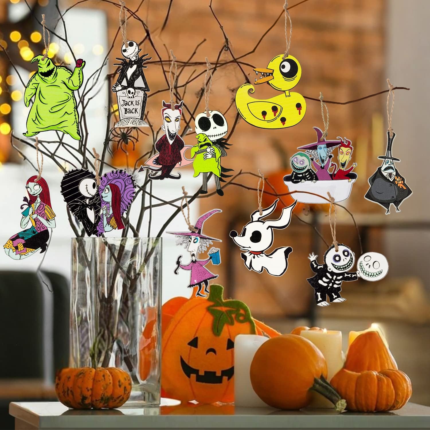 37Pcs Halloween Christmas Nightmare Sally Wooden Hanging Ornament Decoration, Halloween Witch Pumpkin King Jack Ghoul Zombie Bride Theme Party Decor for Jack and Sally Halloween Party Supplies  RicaBili   