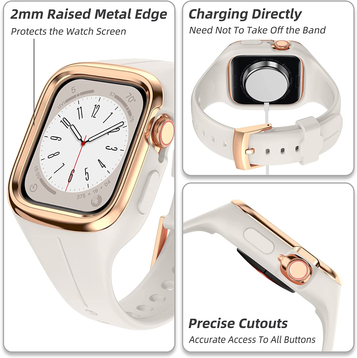 OUHENG Compatible with Apple Watch Band 41Mm 40Mm 38Mm with Bumper Case, Women Sport Strap with Rugged Metal Edge Bumper and Silicone Cover for Iwatch Series 8 7 6 SE 5 4 3 2 1, Starlight/Rose Gold  OUHENG   