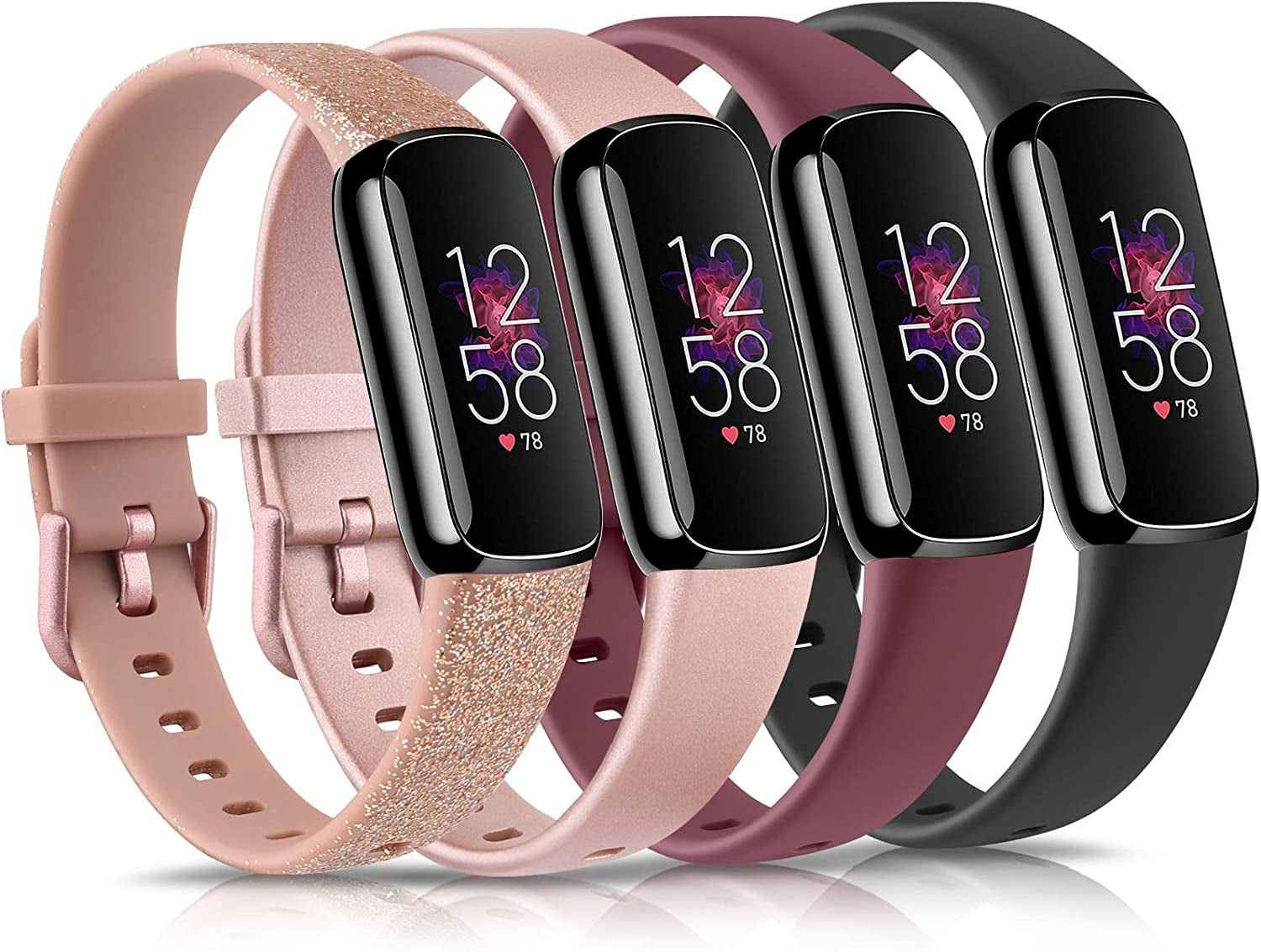 4 Pack Bands for Fitbit Luxe Bands, Soft Silicone Wristband Replacement Strap for Fitbit Luxe/Luxe Special Edition Fitness Tracker Women Men (Small, Black/Wine Red/Navy Blue/Grey)  Amzpas Shiny RoseGold/Rose Gold/Wine Red/Black Small 