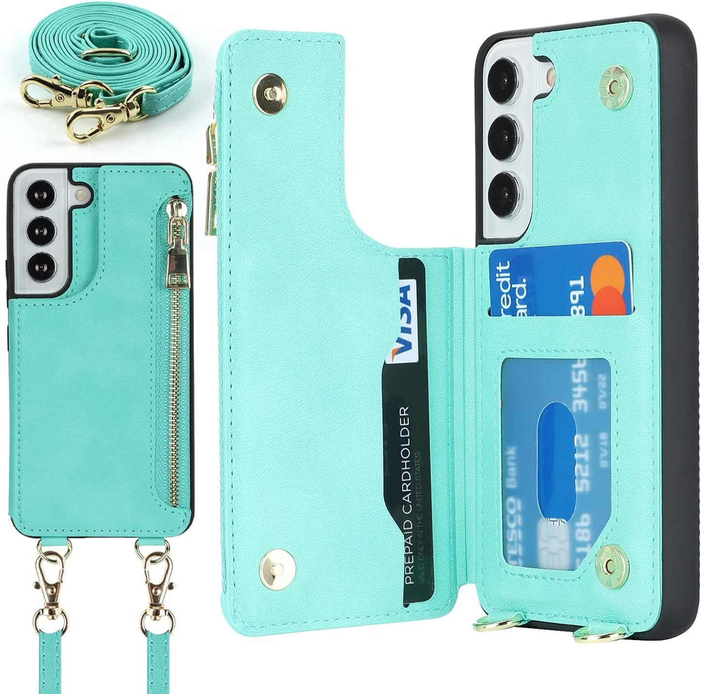 Jaorty Samsung Galaxy S22 5G Phone Case for Women with Card Holder,Samsung S22 Case Wallet Crossbody Lanyard with Strap,Credit Card Slots Kickstand Case with Ring Holder,6.1 Inch,Black  Jaorty Crossbody Flip Case- Mint Green  