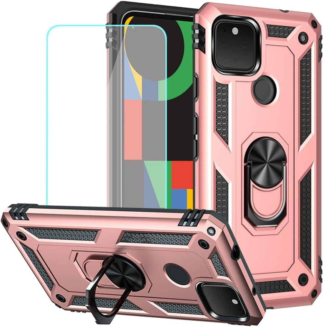 Yerebel for Pixel 4A 5G Case, Pixel 5XL G025I Case with Tempered Glass Screen Protector, [Military Grade] [Metal Ring] [Magnetic Support] Defender Heavy Duty Armor Cover for Google Pixel 4A 5G (Black)  Yerebel Rose Gold  