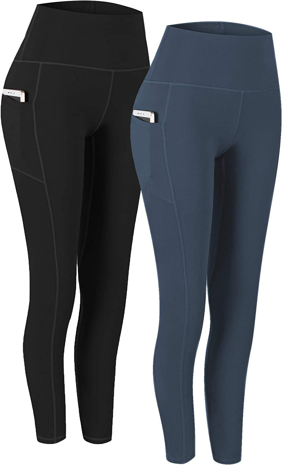 Fengbay 2 Pack High Waist Yoga Pants, Pocket Yoga Pants Tummy Control Workout Running 4 Way Stretch Yoga Leggings  Fengbay Black & Gray Blue Large 