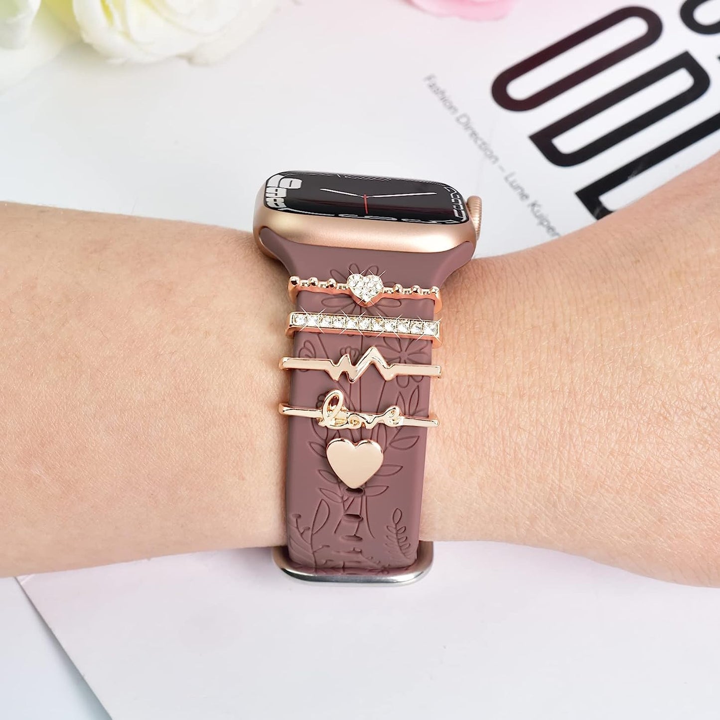 Watch Band Charms (Band Included), Compatible with Apple Watch Band 38Mm 40Mm 41Mm, ORATYFAN Floral Engraved Silicone Bands & Metal Decorative Ring Loops Accessories for Iwatch Series Se 8 7 6 5 4 3 2 1  ORATYFAN   