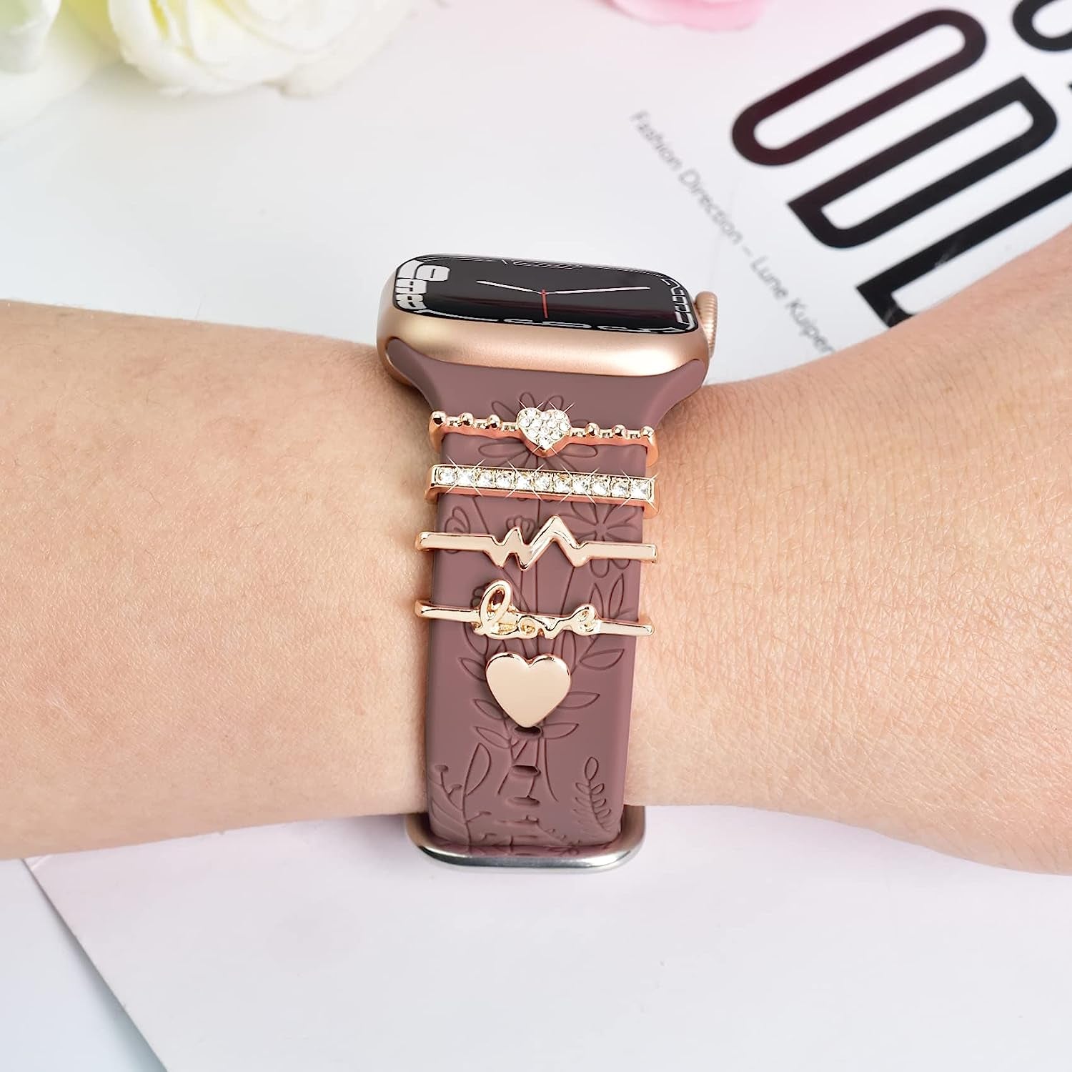 Watch Band Charms (Band Included), Compatible with Apple Watch Band 38Mm 40Mm 41Mm, ORATYFAN Floral Engraved Silicone Bands & Metal Decorative Ring Loops Accessories for Iwatch Series Se 8 7 6 5 4 3 2 1  ORATYFAN   