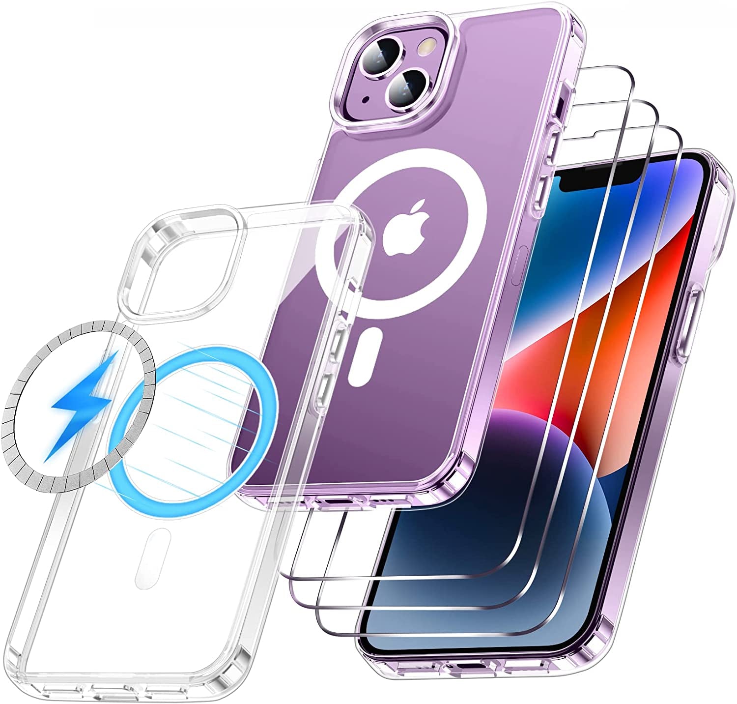 Xiwxi Magnetic for Iphone 14 Case [Compatible with Magsafe][Military Grade Drop Protection] [Glass Screen Protector+Camera Lens Protector] Non-Slip Full-Body Shockproof Phone Case,Pink  xiwxi Crystal Clear  