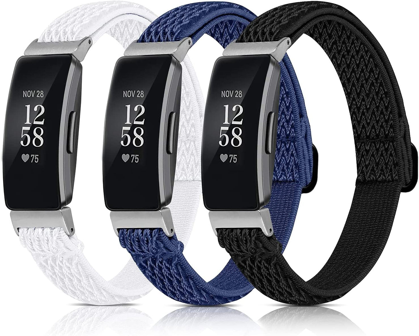 3 Pack Adjustable Fitbit Inspire 2 Bands, Compatible with Fitbit Inspire 2 / Inspire Hr/Inspire, Soft Loop Nylon Fabric Breathable Stretchy Replacement Straps for Women/Men  POHNUI Black ripple + dark blue + white ripple  