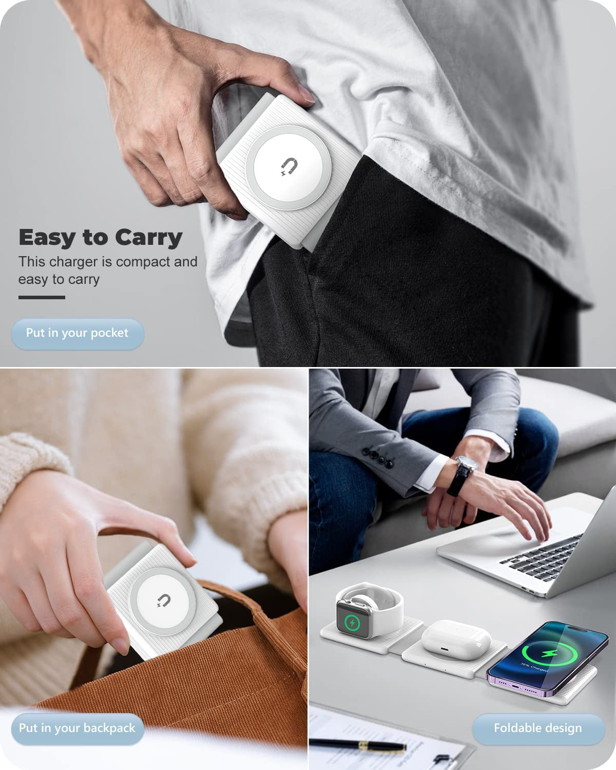 Wireless Charger,Kafiya 3 in 1 Wireless Charging Station,Foldable Travel Fast Charger Compatible for Iphone 14/Pro/Max/Plus/13/12 Series,Air_Pods 3/2/Pro,Iwatch,Samsung(Adapter Included)  KAFIYA   