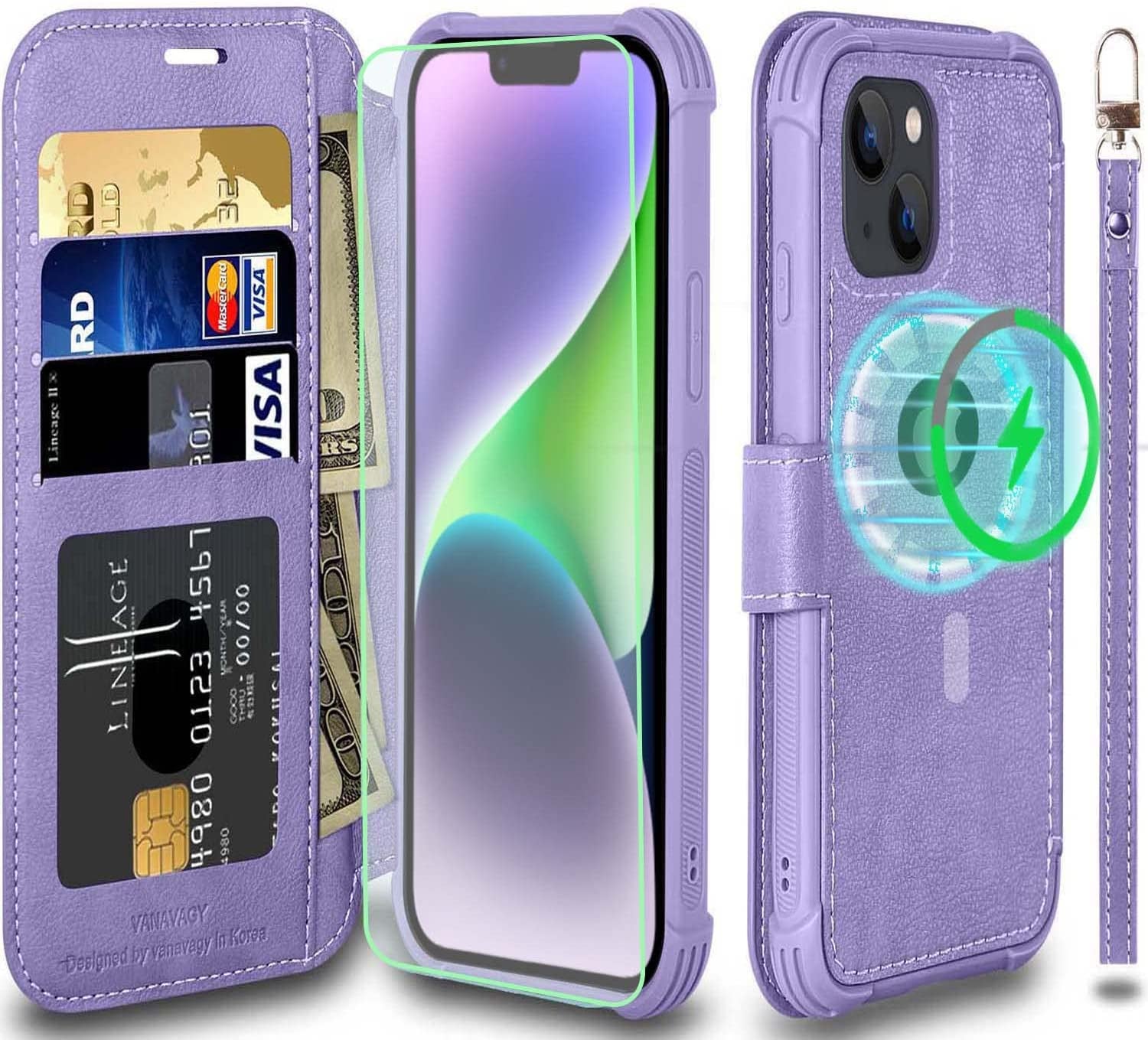 VANAVAGY Iphone 14 plus Wallet Case Magsafe,Leather Flip Folio Phone Cover Supports Magsafe and Wireless Charging with RFID Block Card Holder and Wrist Strap,Clove Purple  VANAVAGY   