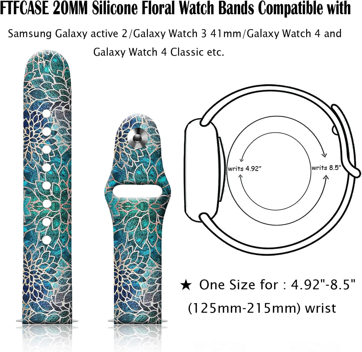 20MM Silicone Sport Bands Compatible for Samsung Galaxy Watch 4 40Mm 44Mm/Classic 42Mm 46Mm/Watch 3 41Mm, Active 2 Watch Bands /Gear S2, FTFCASE Turquoise Pattern Strap for Women Men Girls  FTFCASE   