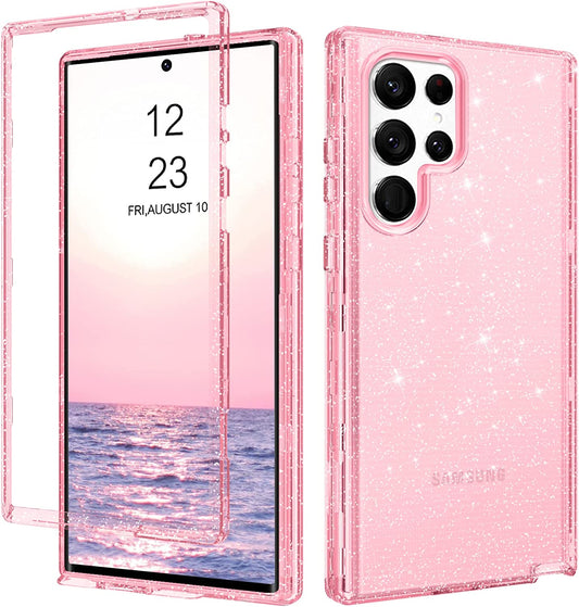 DUEDUE for Samsung Galaxy S22 Ultra 6.8" 5G Case Glitter Full Body Protective 3 in 1 Heavy Duty Hybrid Hard PC Rugged Shockproof Women Transparent Bling Sparkle Cover for Samsung S22 Ultra, Pink Clear  DUEDUE   
