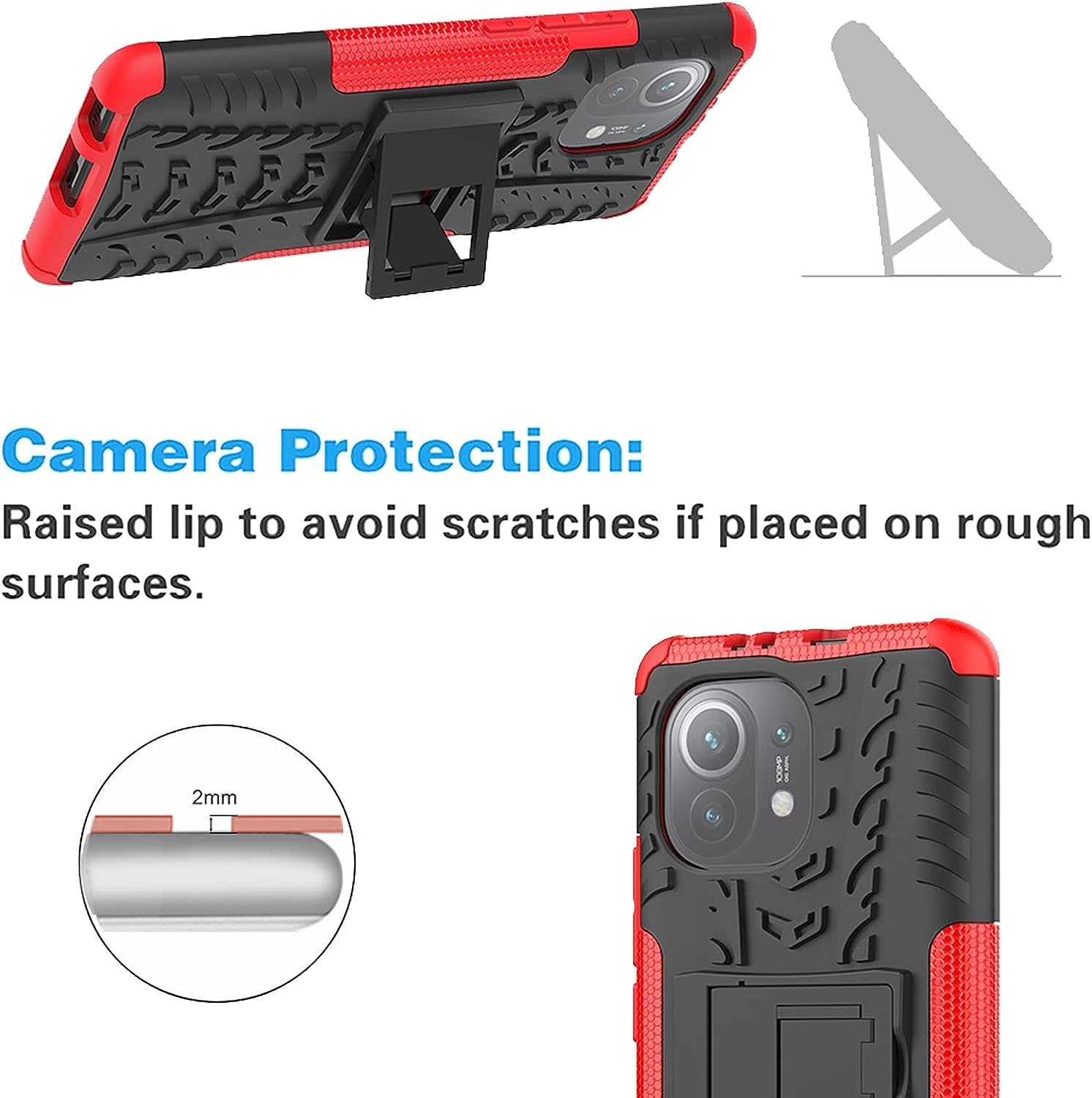 Phone Case for Xiaomi Mi 11 5G with Tempered Glass Screen Protector Cover and Stand Kickstand Slim Hard Rugged Hybrid Protective Cell Accessories Mi11 G5 Cases Men Boys Women Girls Kids Black Red  Asuwish   